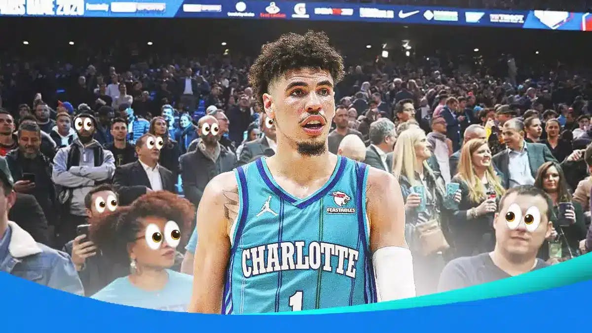 Charlotte Hornets fans with cartoon eyes looking at Hornets player LaMelo Ball