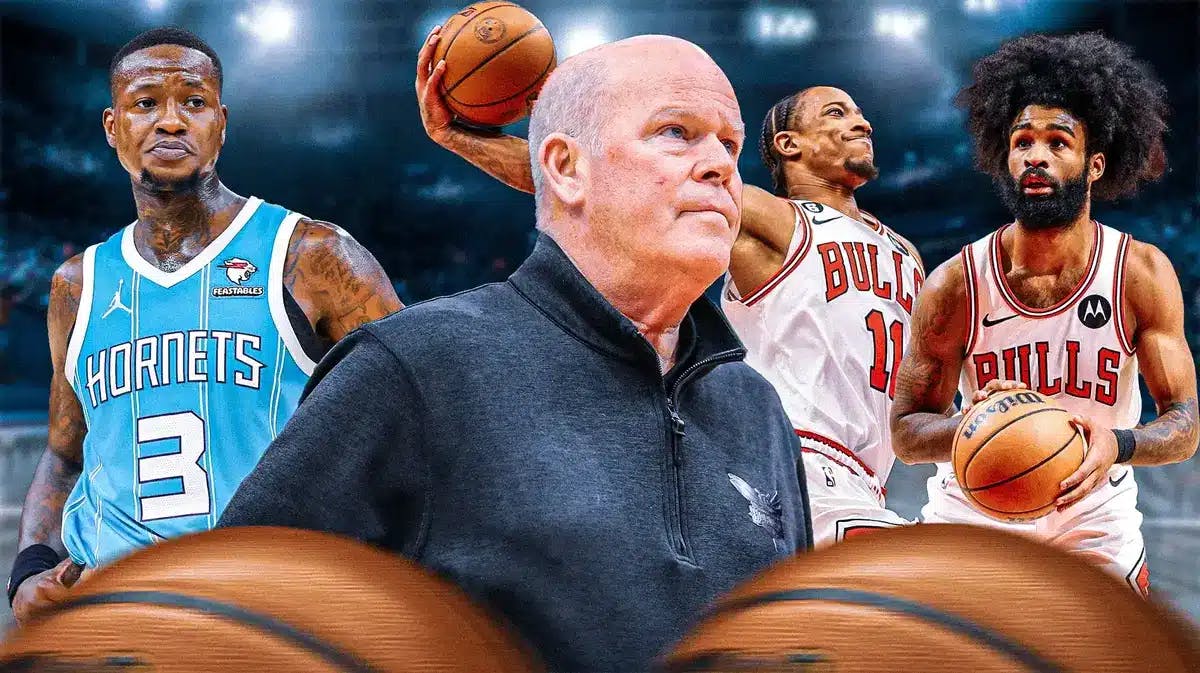 Hornets' Steve Clifford looking serious in front. In background, Bulls' DeMar DeRozan dunking a basketball, Bulls' Coby White shooting a basketball. Hornets' Terry Rozier looking serious.
