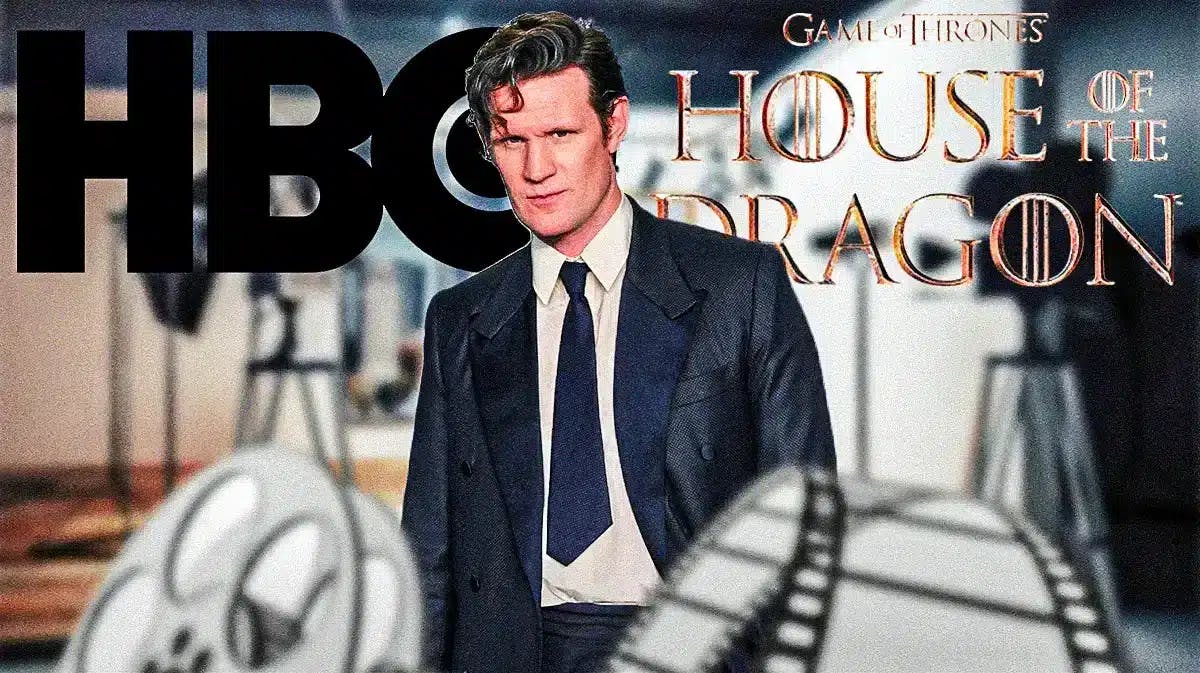 Matt Smith with HBO and Game of Thrones spin-off House of the Dragon logos.