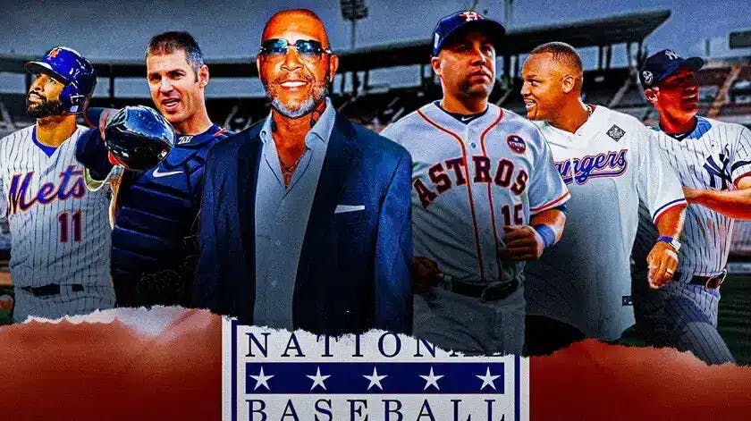 Gary Sheffield, Carlos Beltran, Joe Mauer, Jose Bautista, Adrian Beltre, Andy Pettitte all around the graphic and in the middle is the National Baseball Hall of Fame logo.