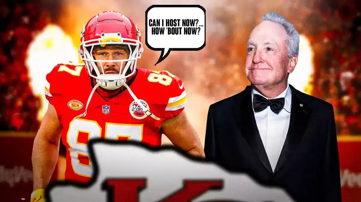 Travis Kelce and Lorne Michaels. Kelce has speech bubble: “Can I host now?… How 'bout now?”