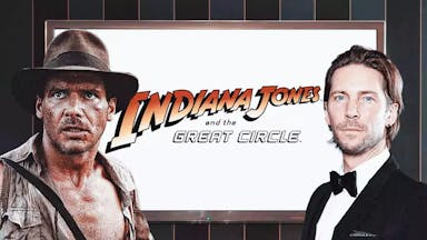 Indiana Jones and The Great Circle logo with Indiana Jones and Troy Baker next to each other.