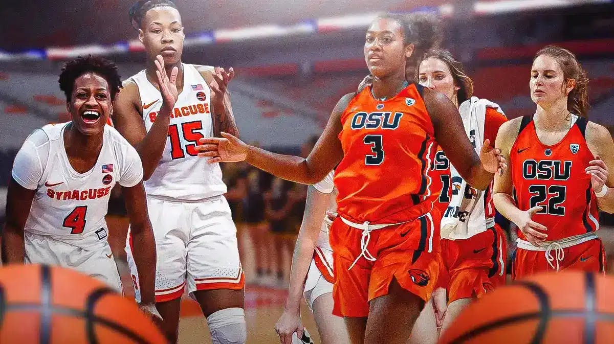 Different players from the Oregon STATE women’s basketball team and the Syracuse women’s basketball team
