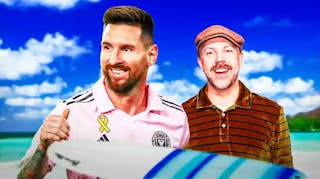 Lionel Messi and Ted Lasso on a beach