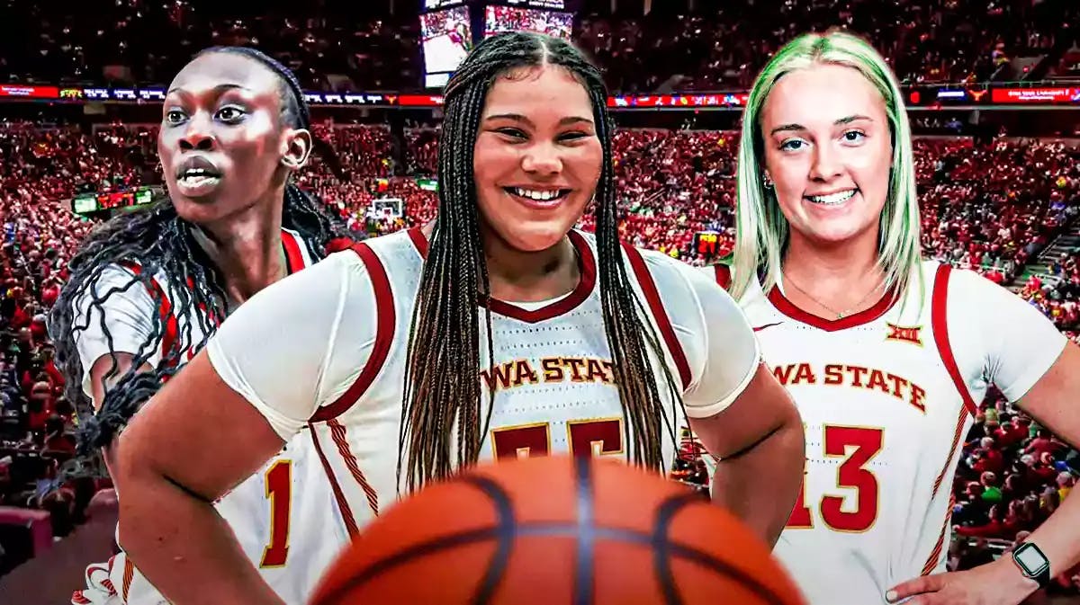 Players from the Iowa State women’s basketball team looking excited/hyped up, players like Hannah Belanger and Audi Crooks