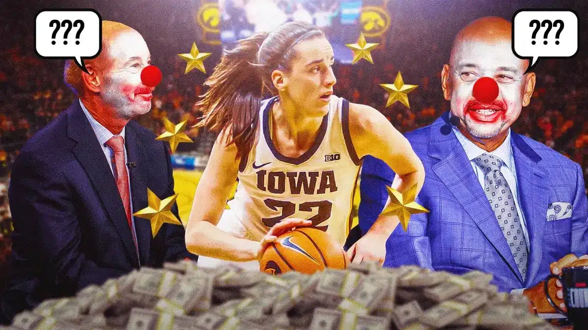 Caitlin Clark in her Iowa women’s basketball jersey, in action, with stars and money around her. Next to Clark are with sports hosts Tony Kornheiser and Michael Wilbon, photoshopped with clown noses and make-up, both speech bubbles containing question marks above them