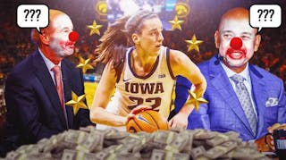 Caitlin Clark in her Iowa women’s basketball jersey, in action, with stars and money around her. Next to Clark are with sports hosts Tony Kornheiser and Michael Wilbon, photoshopped with clown noses and make-up, both speech bubbles containing question marks above them