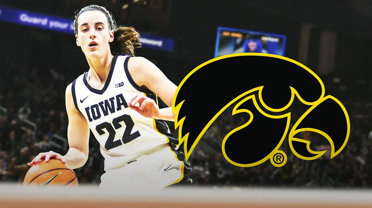Caitlin Clark with the Iowa Hawkeyes logo in the background