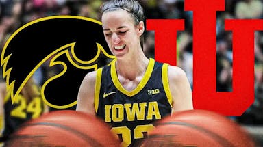 - Iowa women’s basketball player Caitlin Clark in her basketball uniform, with the Iowa Hawkeyes logo and Indiana Hoosiers logo in the background