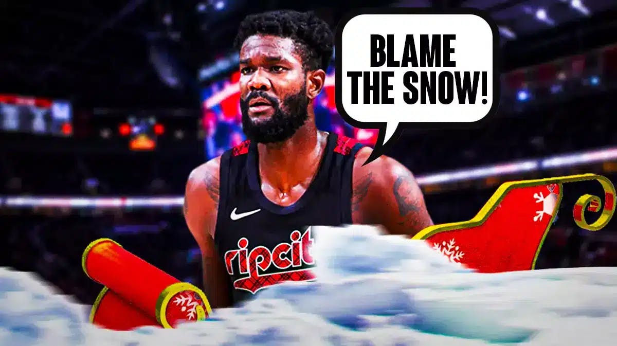 Deandre Ayton in a snow sleigh saying "Blame the snow"