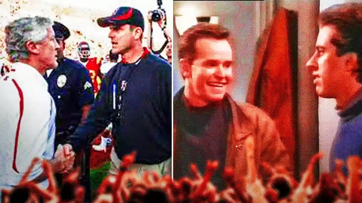Split screen of Pete Carroll and Jim Harbaugh shaking hands tensely in their "What's your deal?" game, and Kenny Bania and Jerry Seinfeld in a clip from Seinfeld