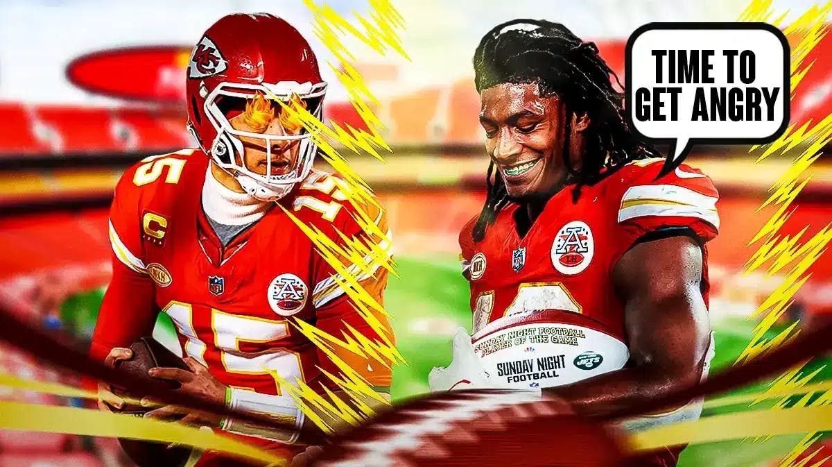 Thumb: Chiefs' Isiah Pacheco saying, “Time to get angry” with dragon ball aura. Patrick Mahomes with fire emoji in his eyes.