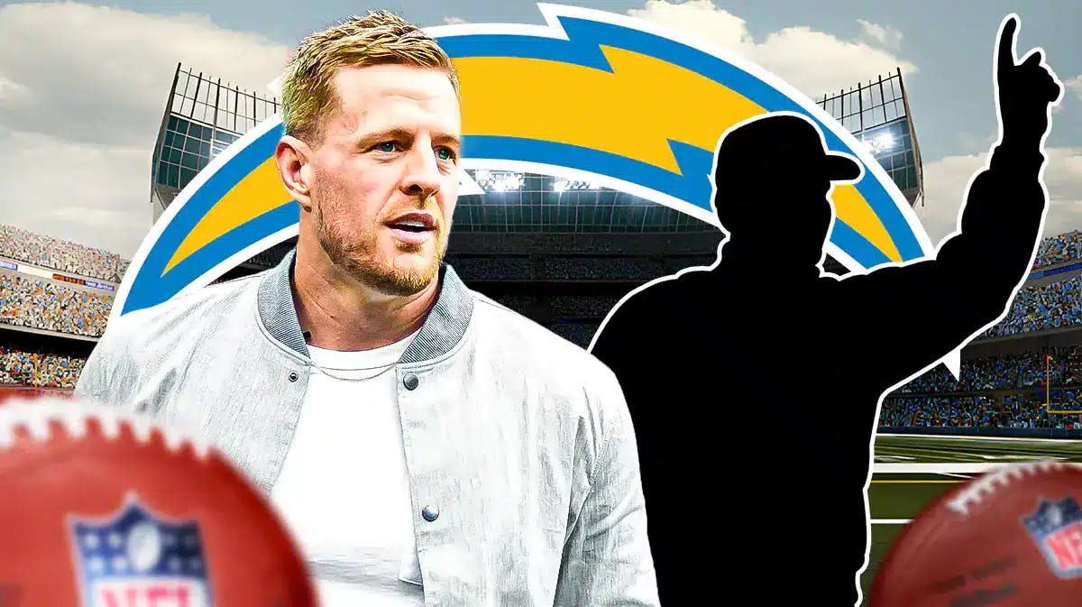 JJ Watt stands in front of Chargers logo while Ben Herbert gestures in the background, Michigan football's Jim Harbaugh coaches out of the frame
