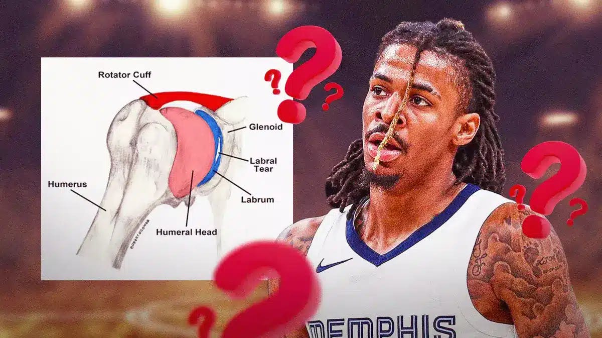 Grizzlies' Ja Morant looking sad, with a diagram of a torn labrum beside him and question marks all over him