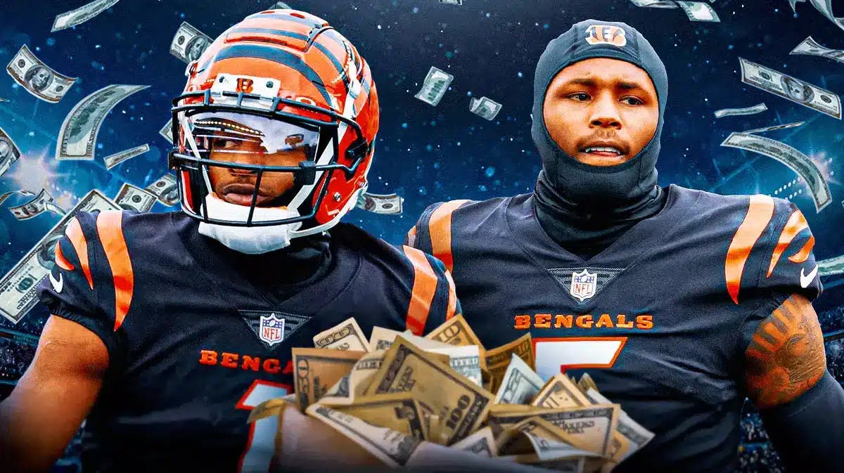 Photo: Jamar Chase and Tee Higgins in Bengals uniforms with crowd in the back and money flying