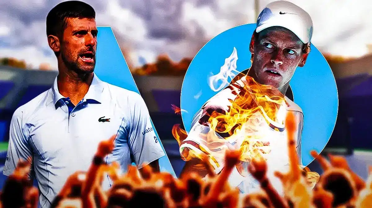 Jannik Sinner in middle of image with fire all around him looking happy, Novak Djokovic looking on sternly, Australian Open logo, tennis court in background