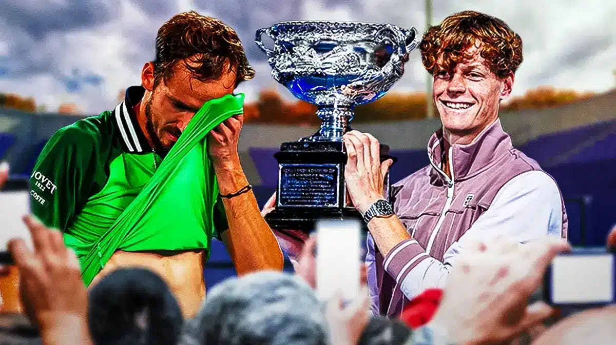 Thumb: Jannek Sinner celebrating with medal in hand, Daniil Medvedev looking sad, Australian Open