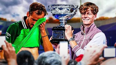 Thumb: Jannek Sinner celebrating with medal in hand, Daniil Medvedev looking sad, Australian Open