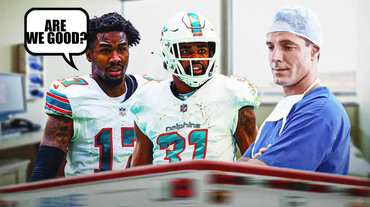 Thumb: Dolphins' Jaylen Waddle, Raheem Mostert in a clinic, saying, “are we good”? Doctor shaking his head.