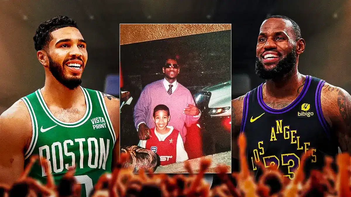 Celtics Jayson Tatum and Lakers' LeBron James smiling next to each other with an old pic of them together.