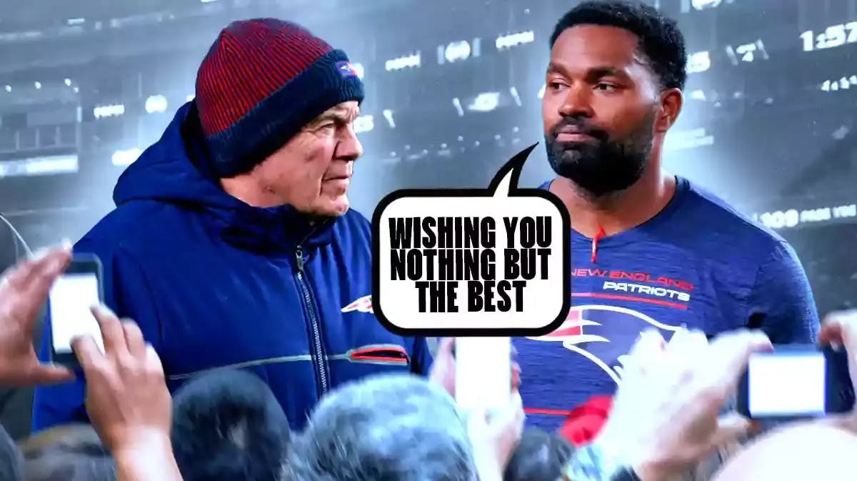 Patriots head coach Jerod Mayo saying "wishing you nothing but the best" to Bill Belichick