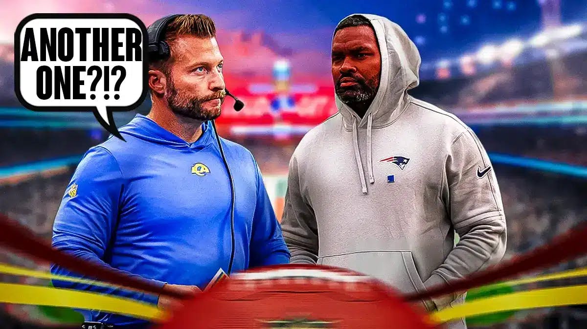 Jerod Mayo next to Sean McVay. Caption from McVay saying “another one?!?” (New England Patriots)
