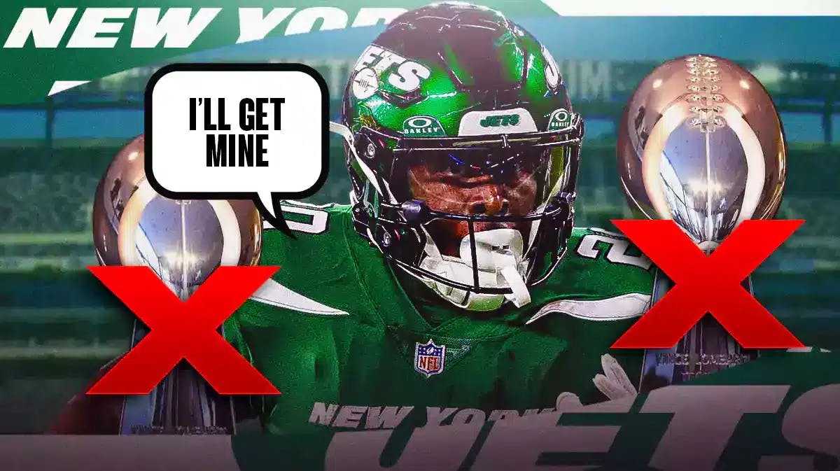 NY Jets' Breece Hall and speech bubble “I’ll Get Mine” and please place a trophy trophy on either side of him with a red X through each to signify he failed to win two trophies he had a chance to this season.
