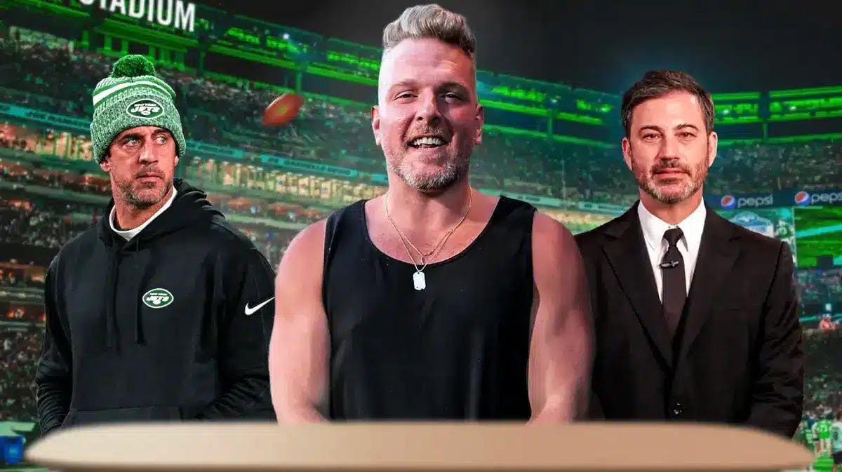 Pat McAfee in the middle smiling. Aaron Rodgers on the left looking serious. Jimmy Kimmel on the right looking serious.