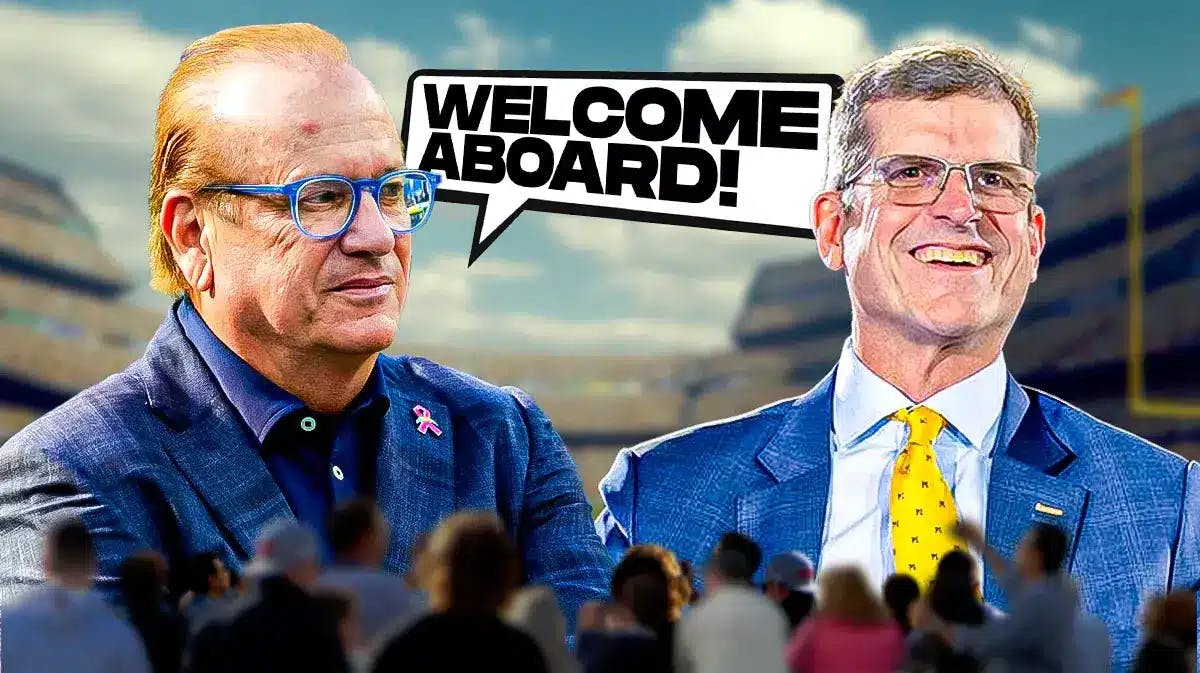 Chargers owner Dean Spanos and speech bubble “Welcome Aboard” and Chargers new head coach Jim Harbaugh
