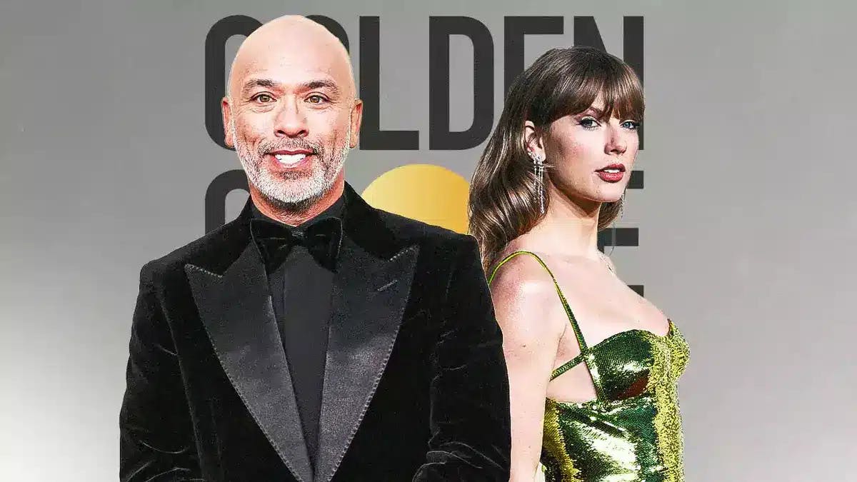 Jo Koy and Taylor Swift with golden globes sign behind him