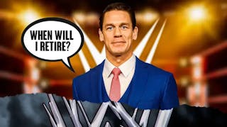 John Cena with a text bubble reading “When will I retire?” with the WWE logo as the background.