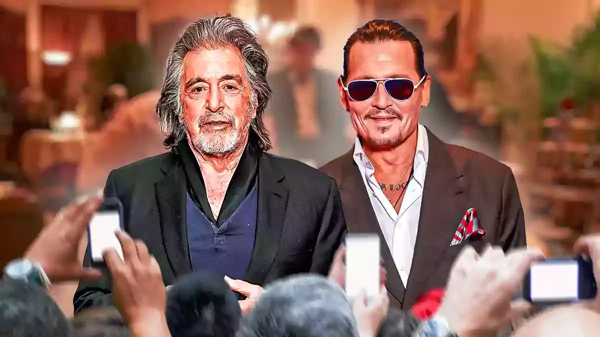 Al Pacino and Johnny Depp in front of crowd, background on-set photo of film Modi