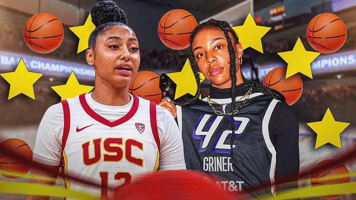 USC women’s basketball player JuJu Watkins and former Cal women’s basketball player Kristine Anigwe, with stars and basketballs around the the image