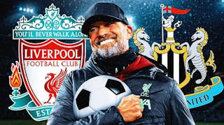 Jurgen Klopp celebrating in front of the Liverpool and Newcastle logos