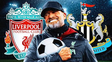 Jurgen Klopp celebrating in front of the Liverpool and Newcastle logos