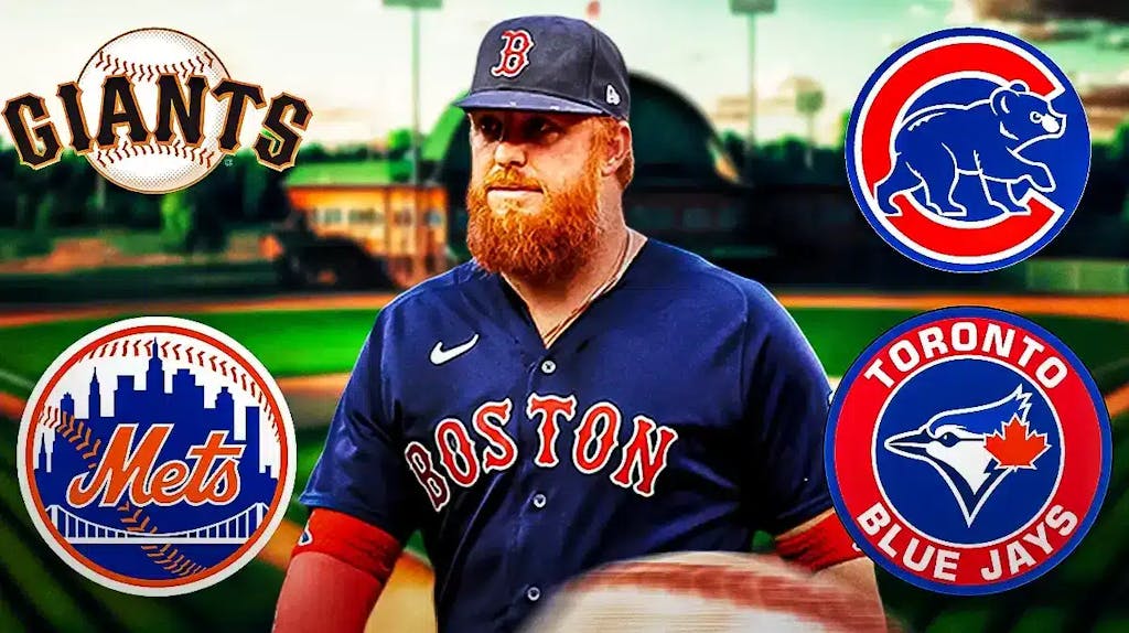 Red Sox’s Justin Turner in front looking serious. Place the San Francisco Giants, Chicago Cubs, New York Mets, and Toronto Blue Jays logos in background.