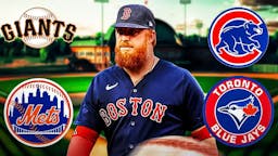 Red Sox’s Justin Turner in front looking serious. Place the San Francisco Giants, Chicago Cubs, New York Mets, and Toronto Blue Jays logos in background.