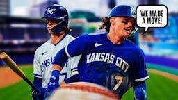 Royals' Bobby Witt Jr. saying the following: We made a move! Place the Kansas City Royals stadium in background.