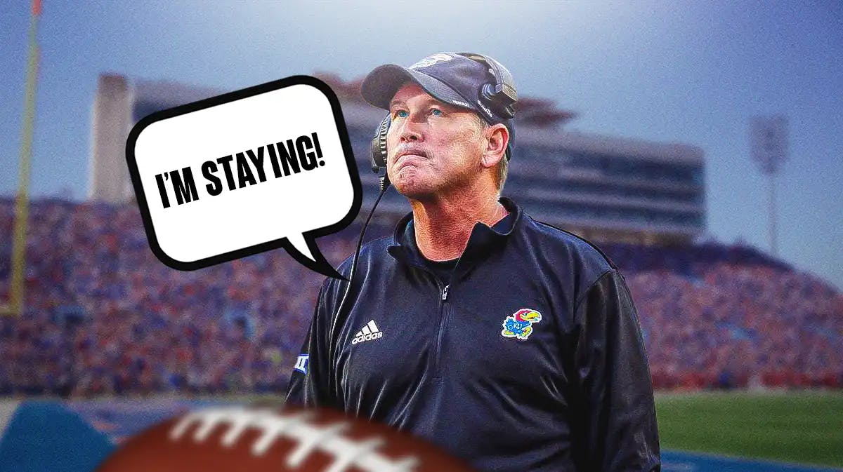Kansas football coach Lance Leipold saying, "I'm staying!"