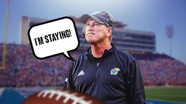 Kansas football coach Lance Leipold saying, "I'm staying!"