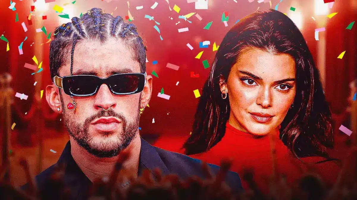 Kendall Jenner and Bad Bunny with confetti behind them