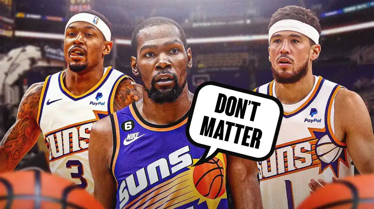 Photo: Kevin Durant standing in front saying “Don’t matter”, have Bradley Beal, Devin Booker behind him, all of them in action, in Suns jerseys