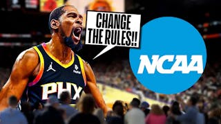 Phoenix Suns forward Kevin Durant yelling "Change the Rules!" to the NCAA logo.