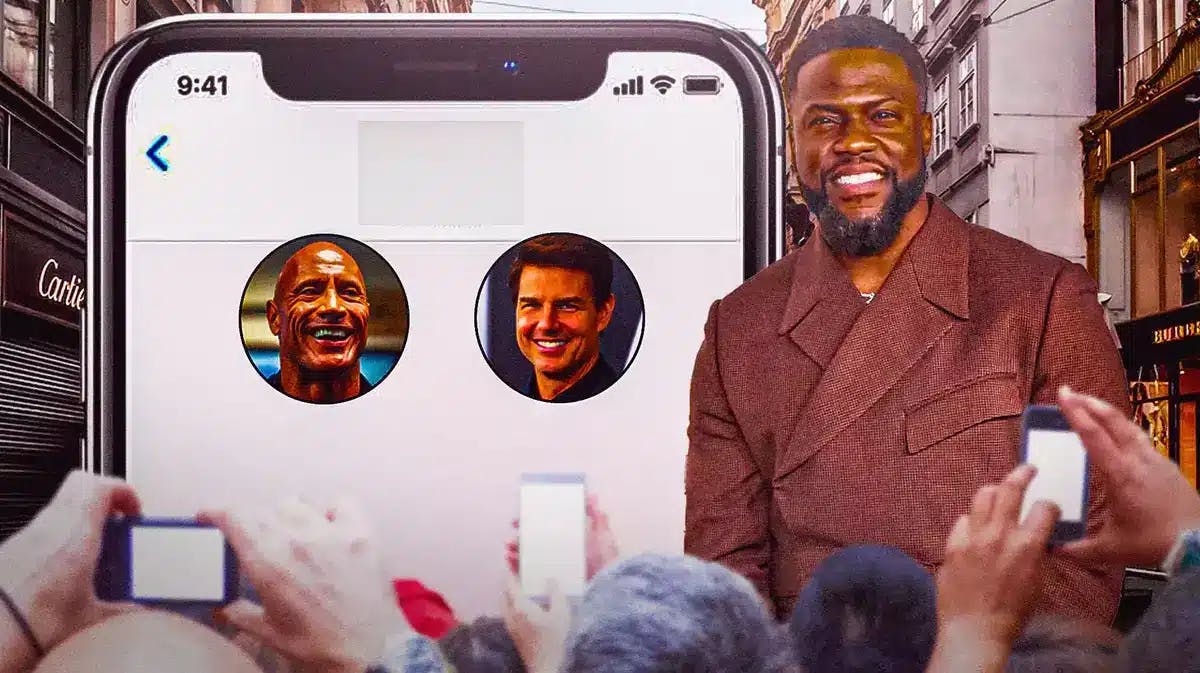 Kevin Hart with iPhone group chat with Dwayne Johnson and Tom Cruise.