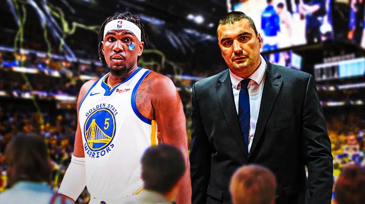 Kevon Looney with tears in his eyes alongside Dejan Milojevic, also include the Warriors arena in the background