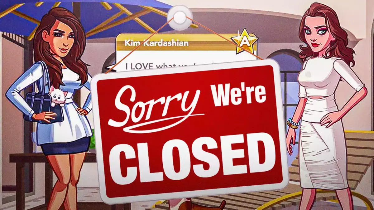 Scene from Kim Kardashian: Hollywood app with 'Sorry we're closed' sign.