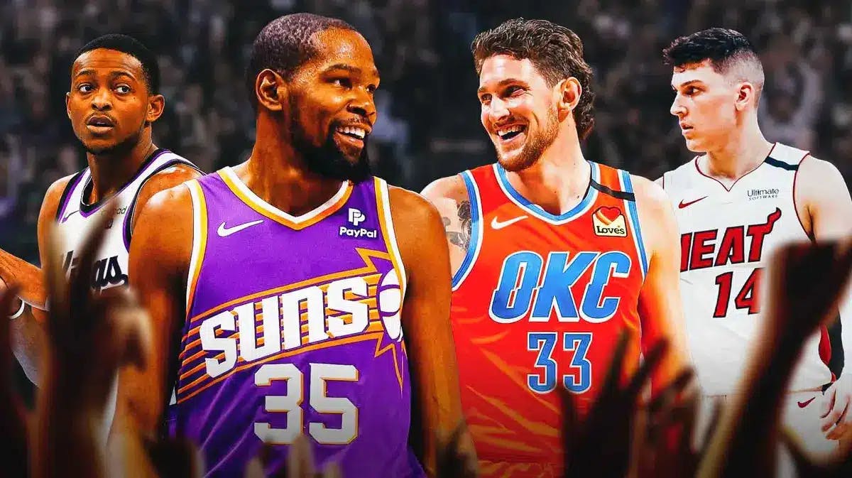 Suns' Kevin Durant and Thunder’s Mike Muscala (2020) smiling in the middle, with Kings' De’Aaron Fox on the left beside KD and Heat’s Tyler Herro (2020) on the right beside Muscala