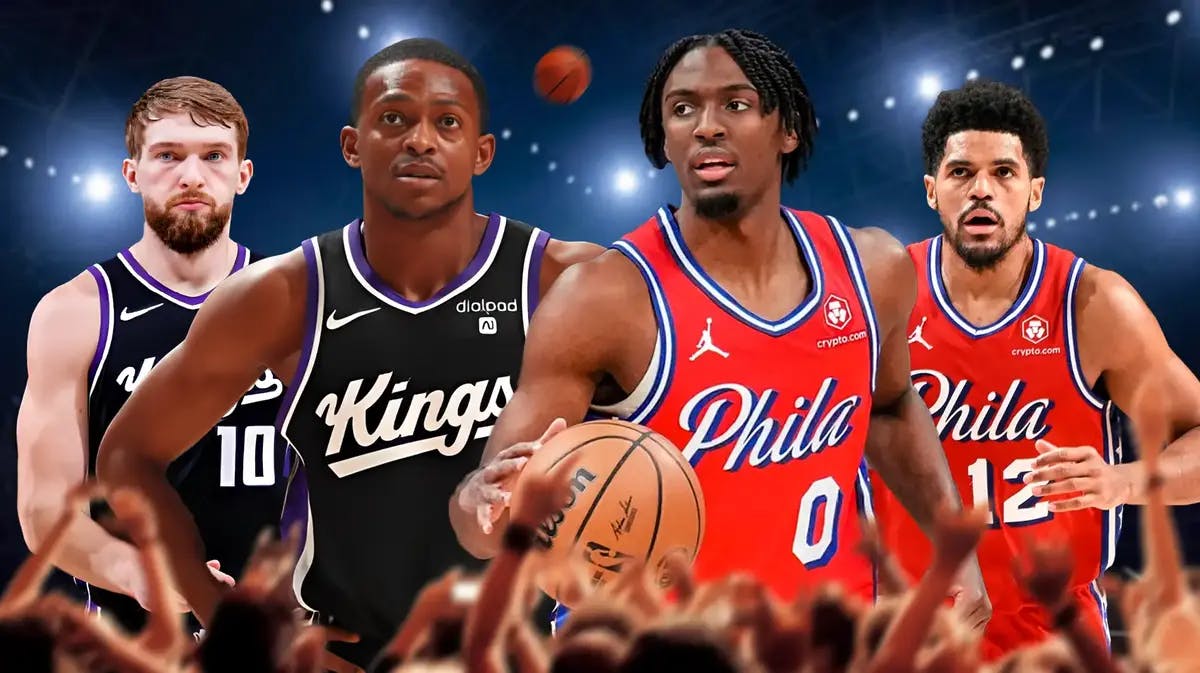 Kings' Domantas Sabonis and DeAaron Fox and 76ers' Tyrese Maxey and Tobias Harris