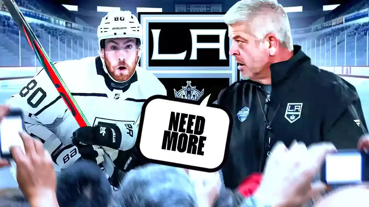 Pierre Luc-Dubois on one side, Todd McLellan on other side with speech bubble: “Need more” , LA Kings logo in middle, hockey rink in background
