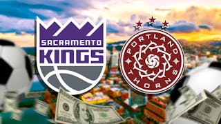 the sacramento kings logo and the portland thorns logo, with the city of Portland in the background, with soccer balls and dollar signs along the border of the thumb